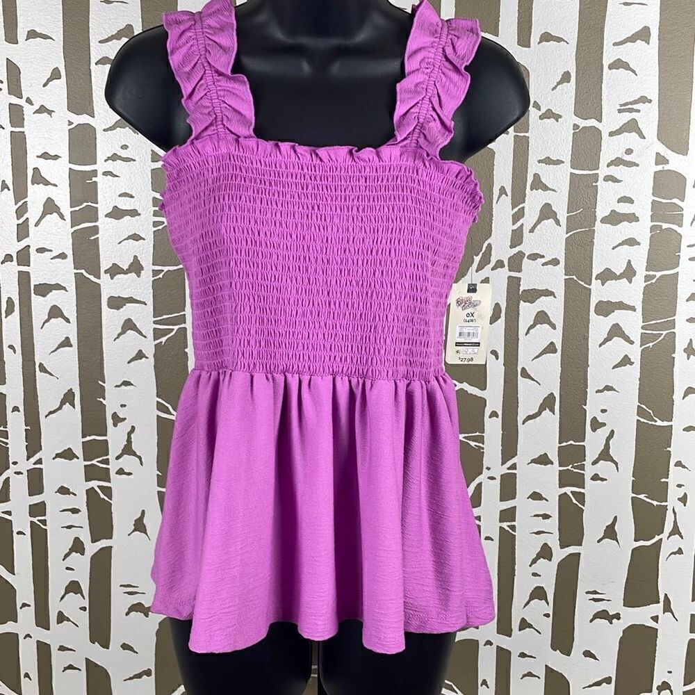 Terra & Sky Smocked Crop Peplum Tank Top 0X (14W) Purple